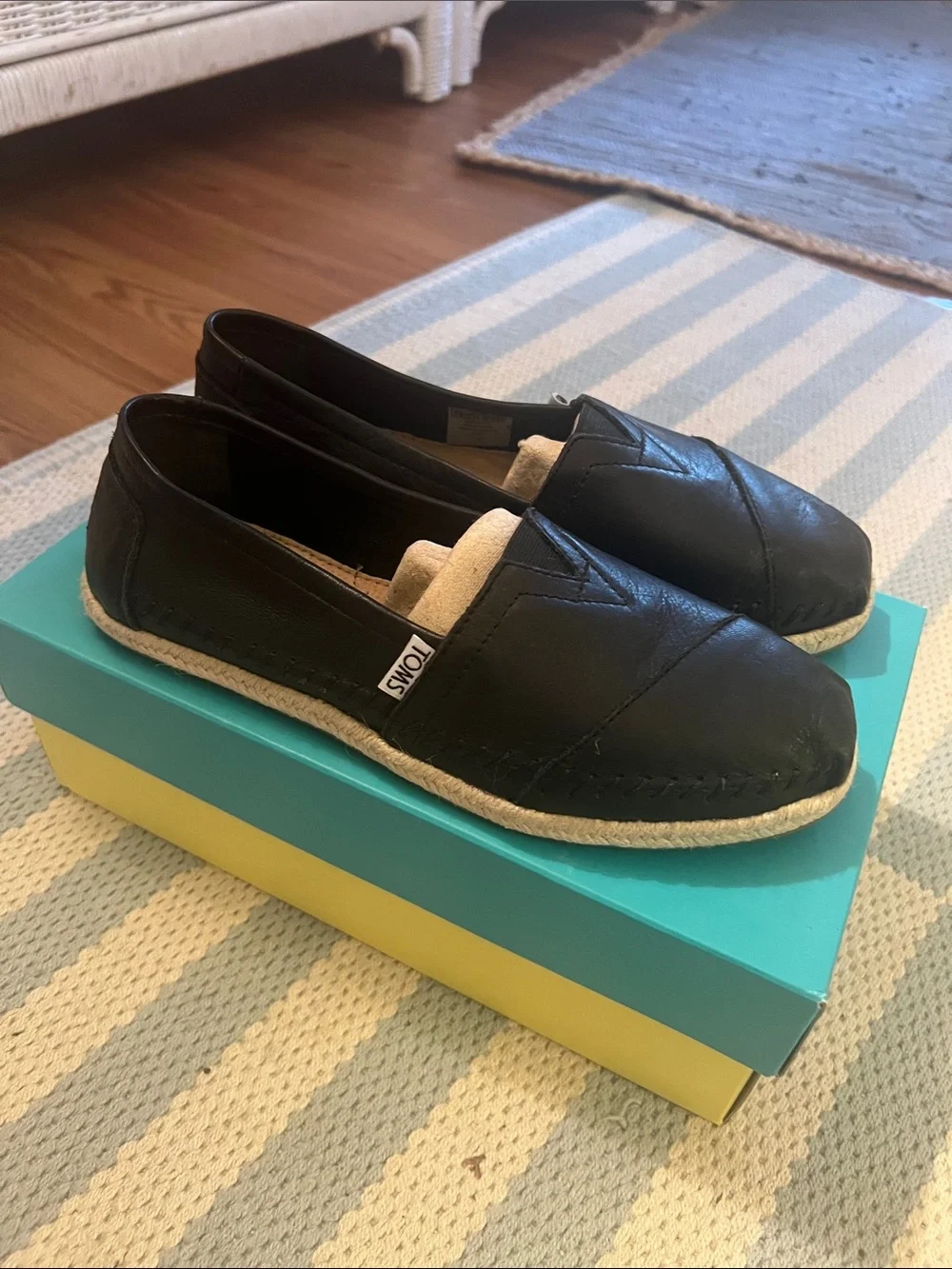 Toms Black Leather Espadrille Slip-Ons
